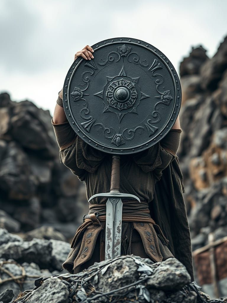 Gritty Viking Warrior Defies Harsh Rocky Landscape with Shie...