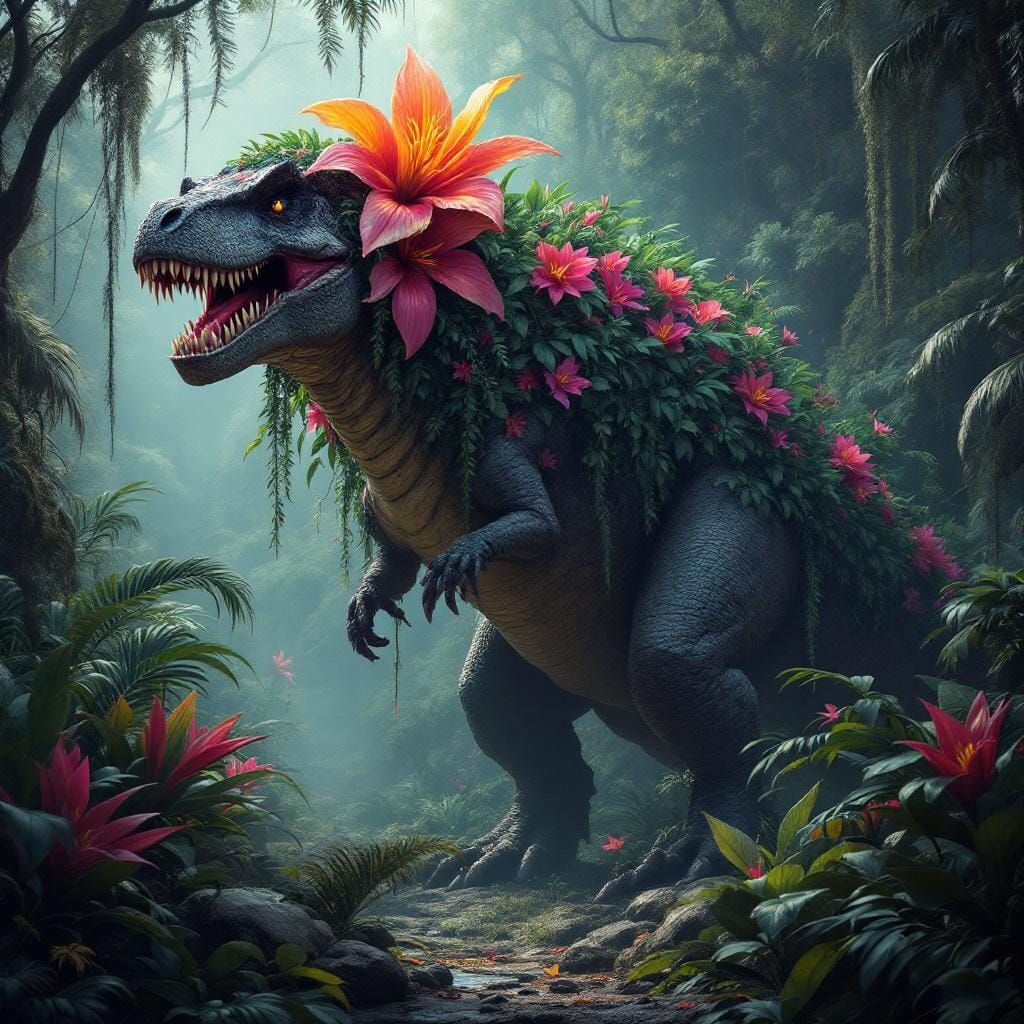 Lush Dinosaur in Mystical Forest, Fantasy Art