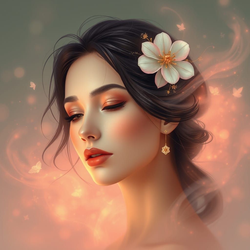 Elegant Women's Portrait in Soft Pastel Haze with Golden Acc...