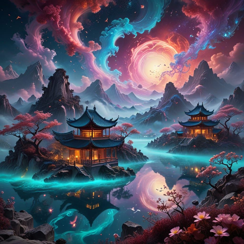Dreamlike Oriental Landscape in Iridescent Hues