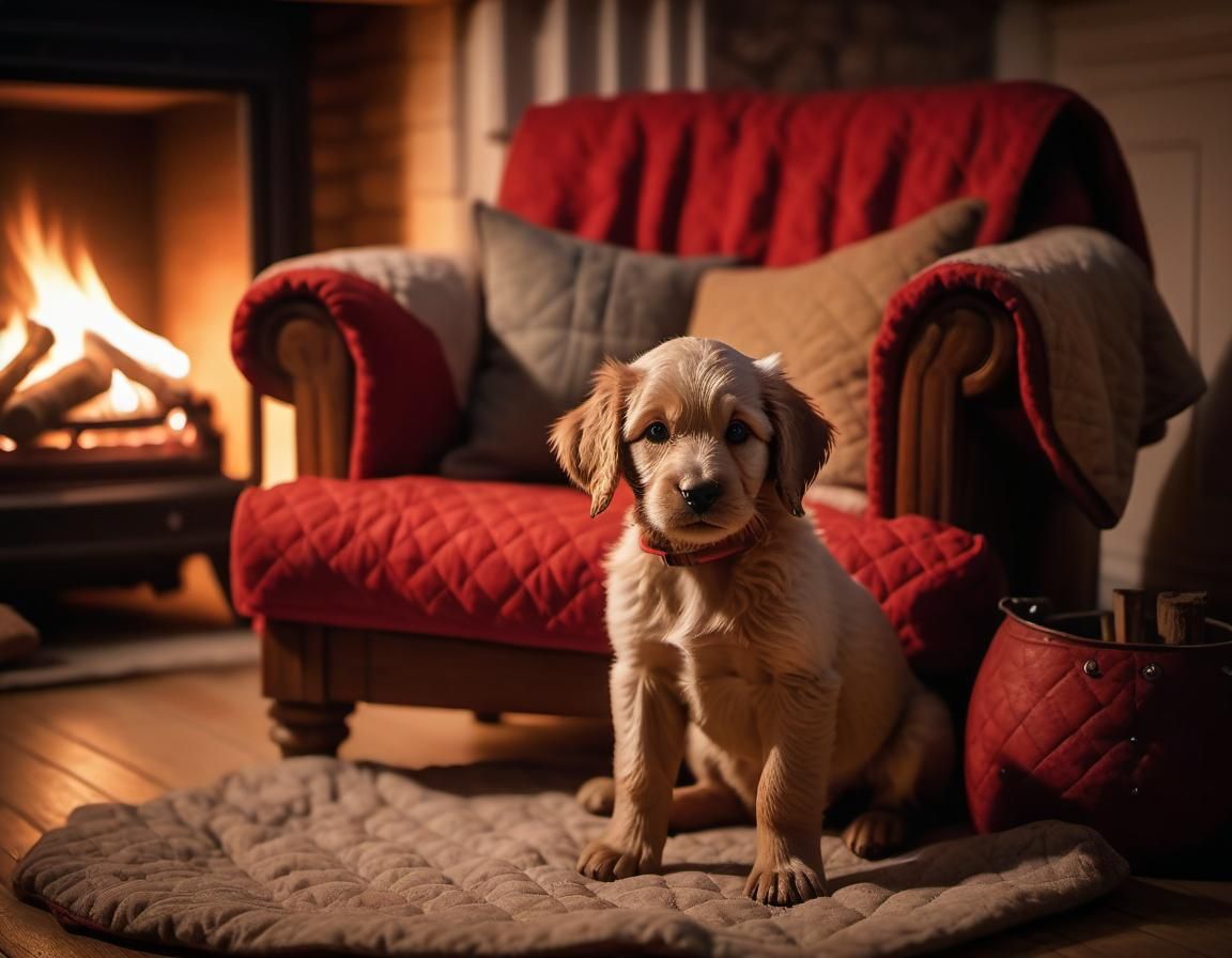 Cozy Fireplace Scene with Puppy in Armchair