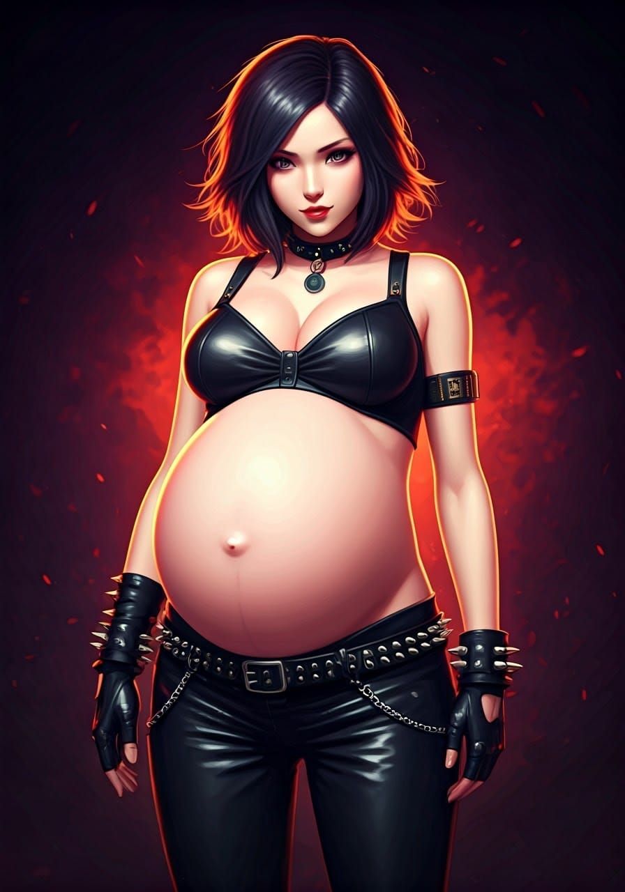 Pregnant Punk Woman in Cyberpunk Anime Style