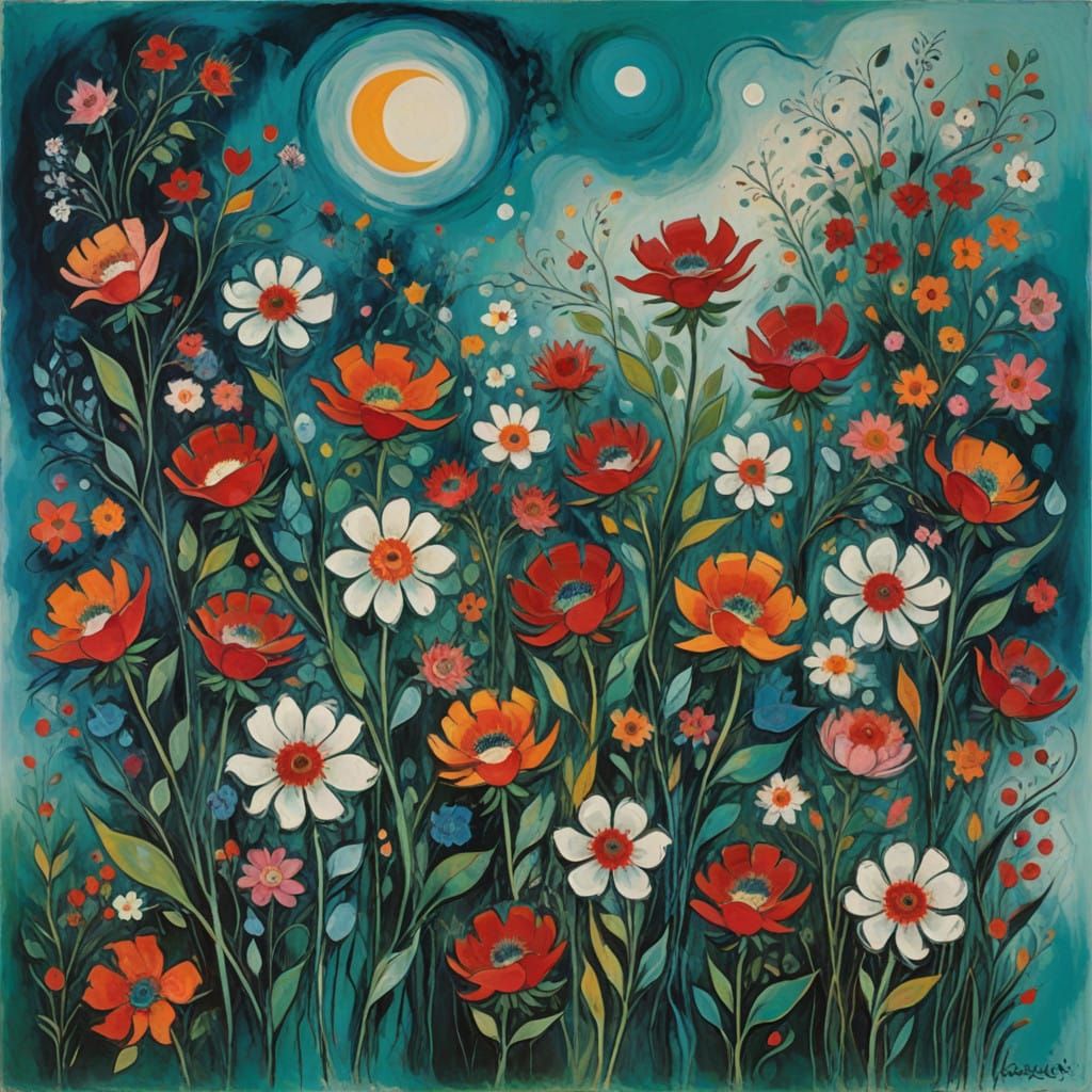 Vibrant Abstract Landscape of Blooming Love and Swirling Bru...