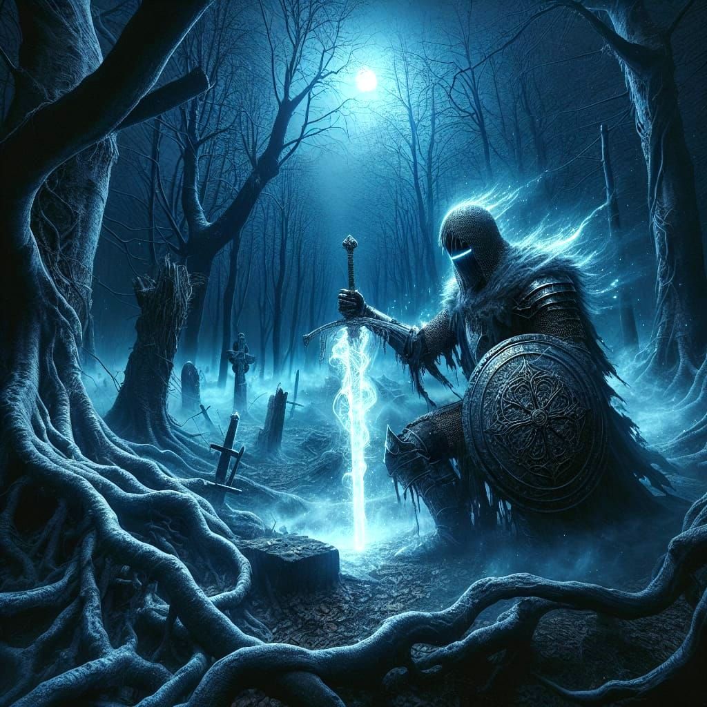 Knight in Dark Forest with Glowing Sword