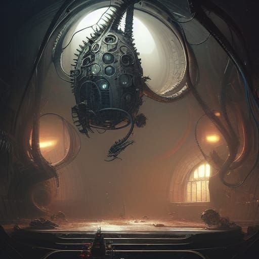 Eerie Giger Interior with Cluttered Tech Modules