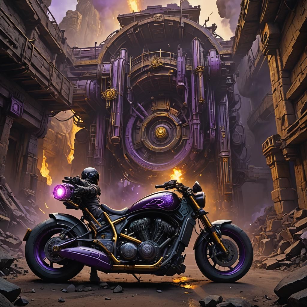 Motorcycle in Gold Mine: Dark Fantasy Concept Art