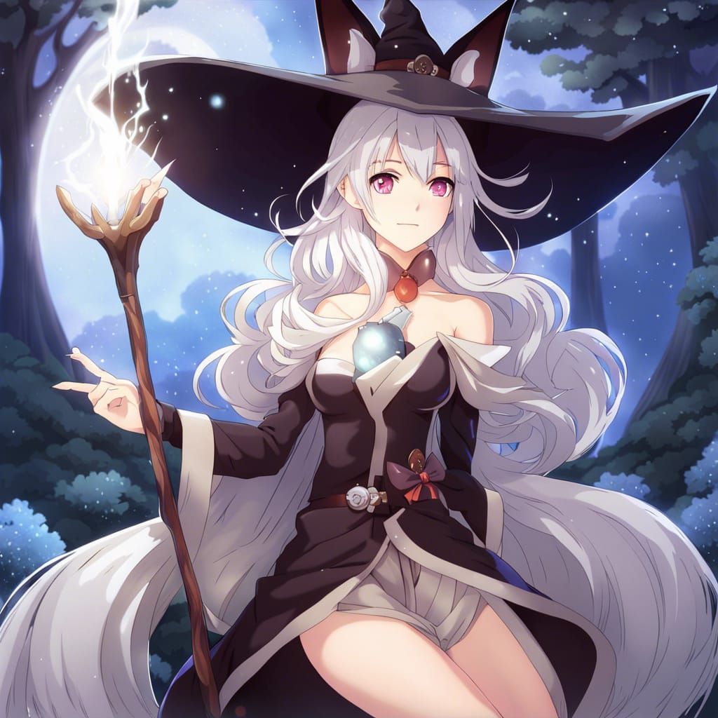 Fox-Eared Witch with Glowing Wand in Anime Style