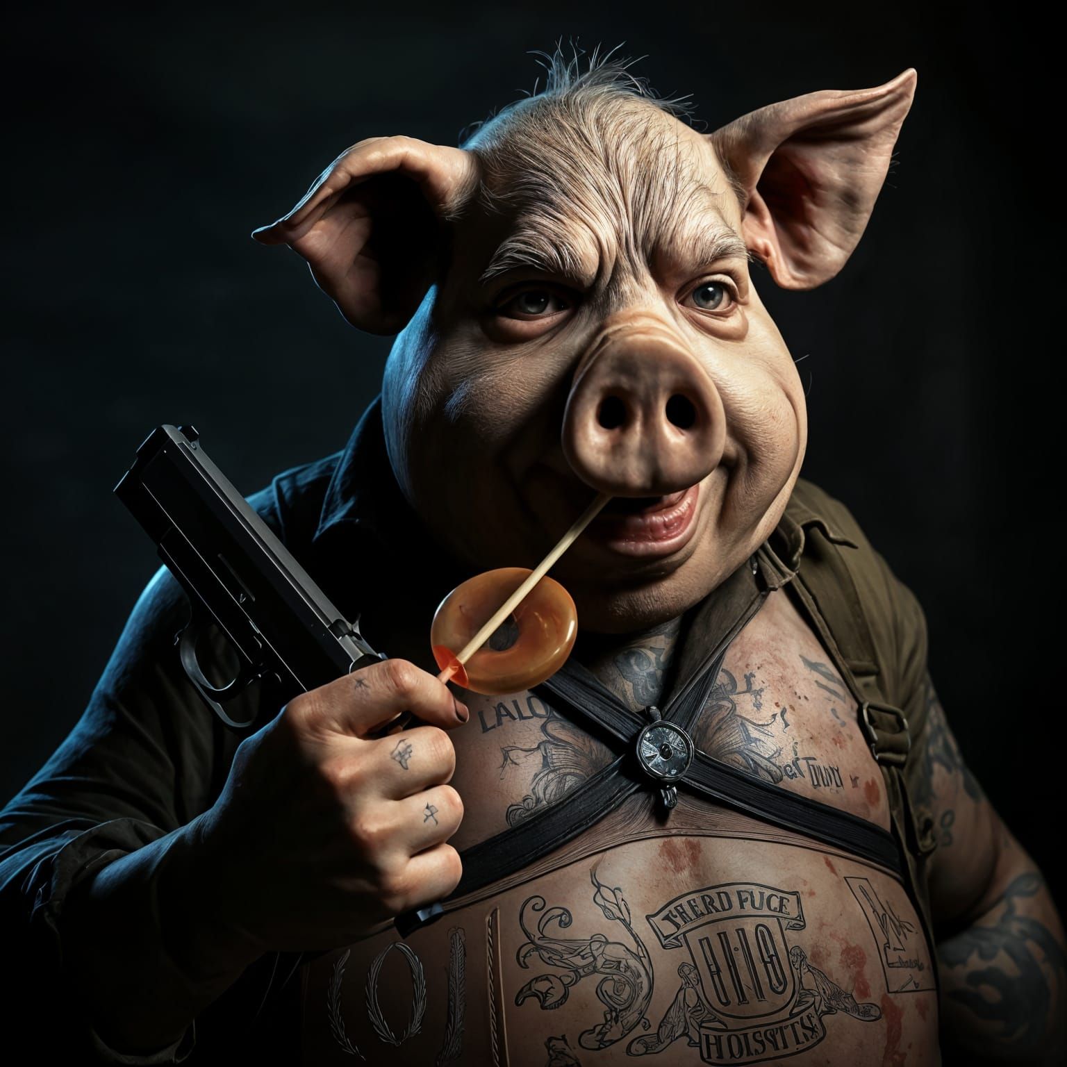 Gritty Noir Pig-Man with Gun and Lollipop