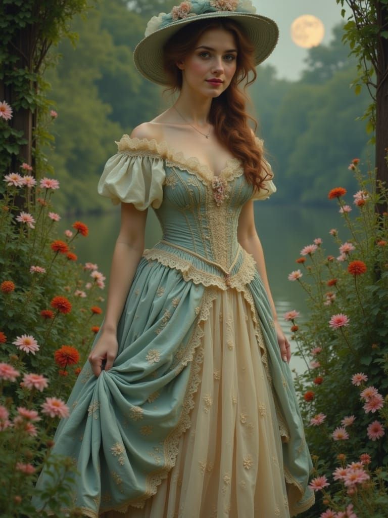 Ethereal Victorian Lady in Whimsical Garden Scene