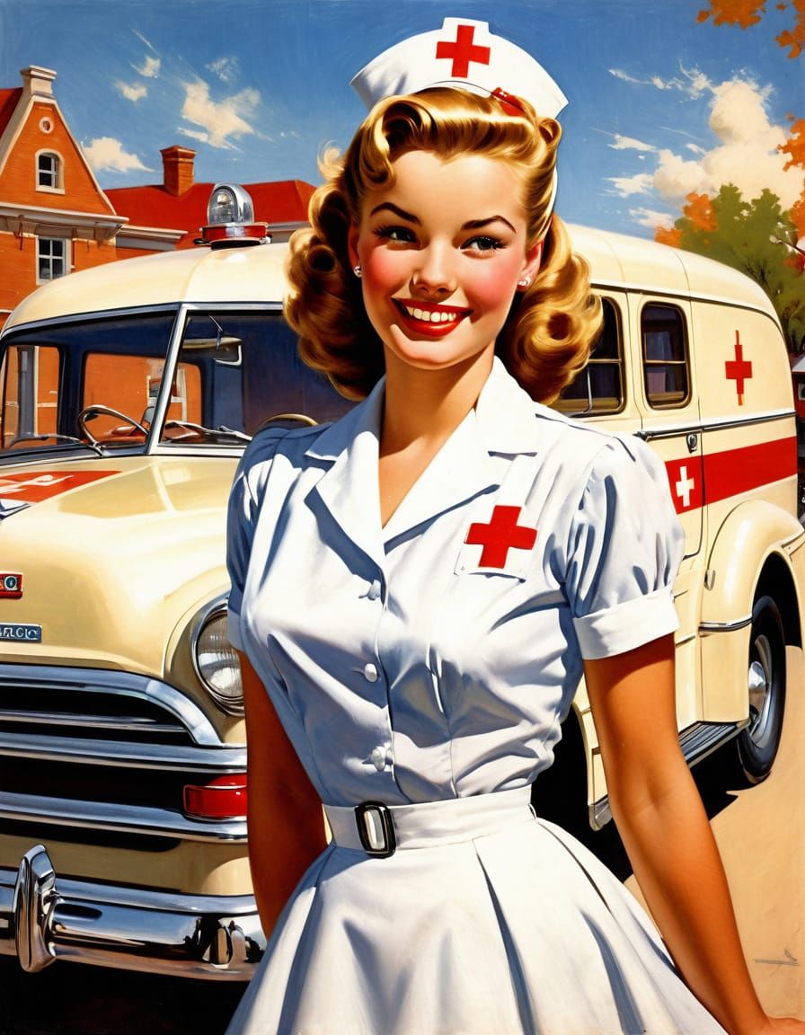 Retro Pin-Up Nurse in 1950s Town Square