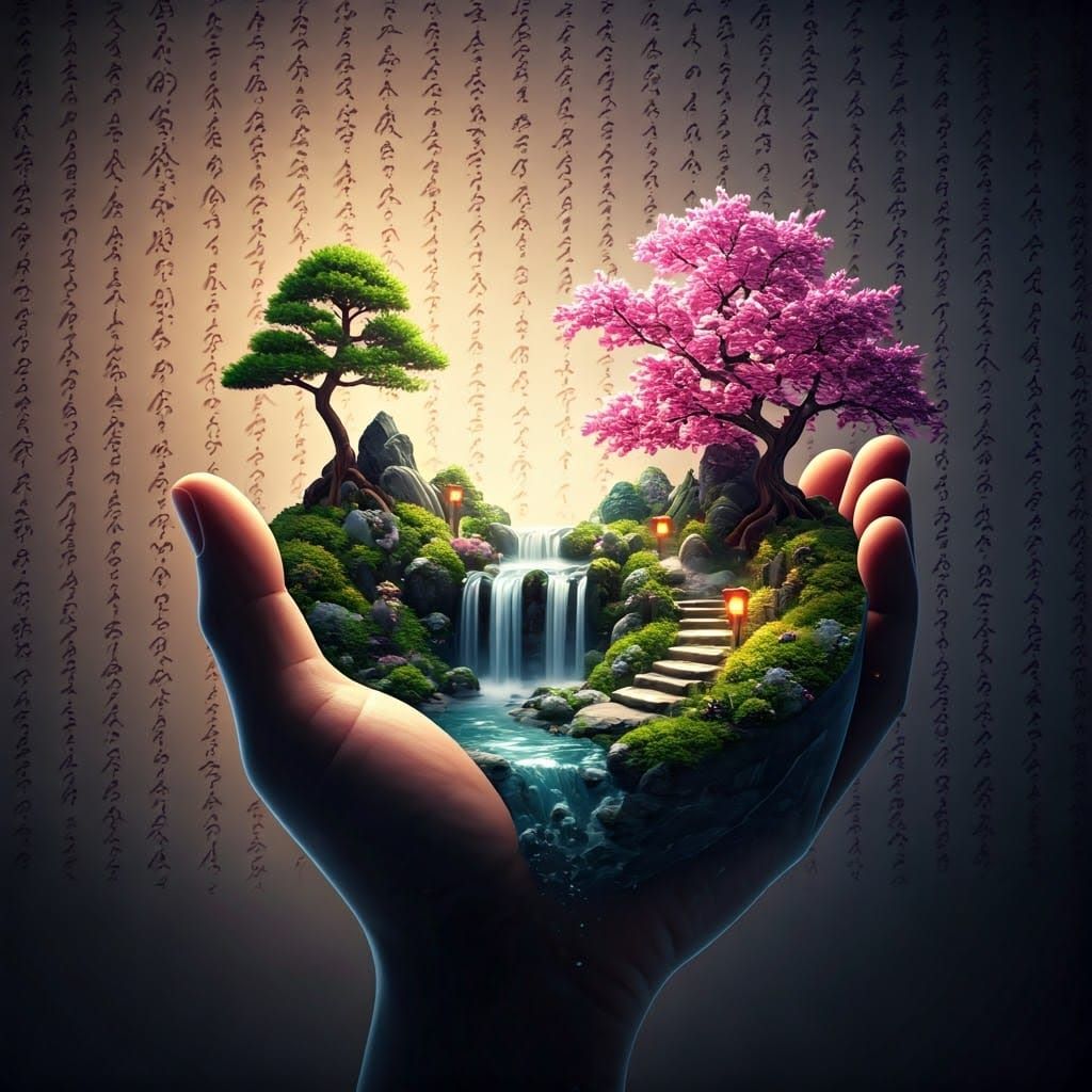 Miniature Zen Garden in Hand, Art Nouveau Style