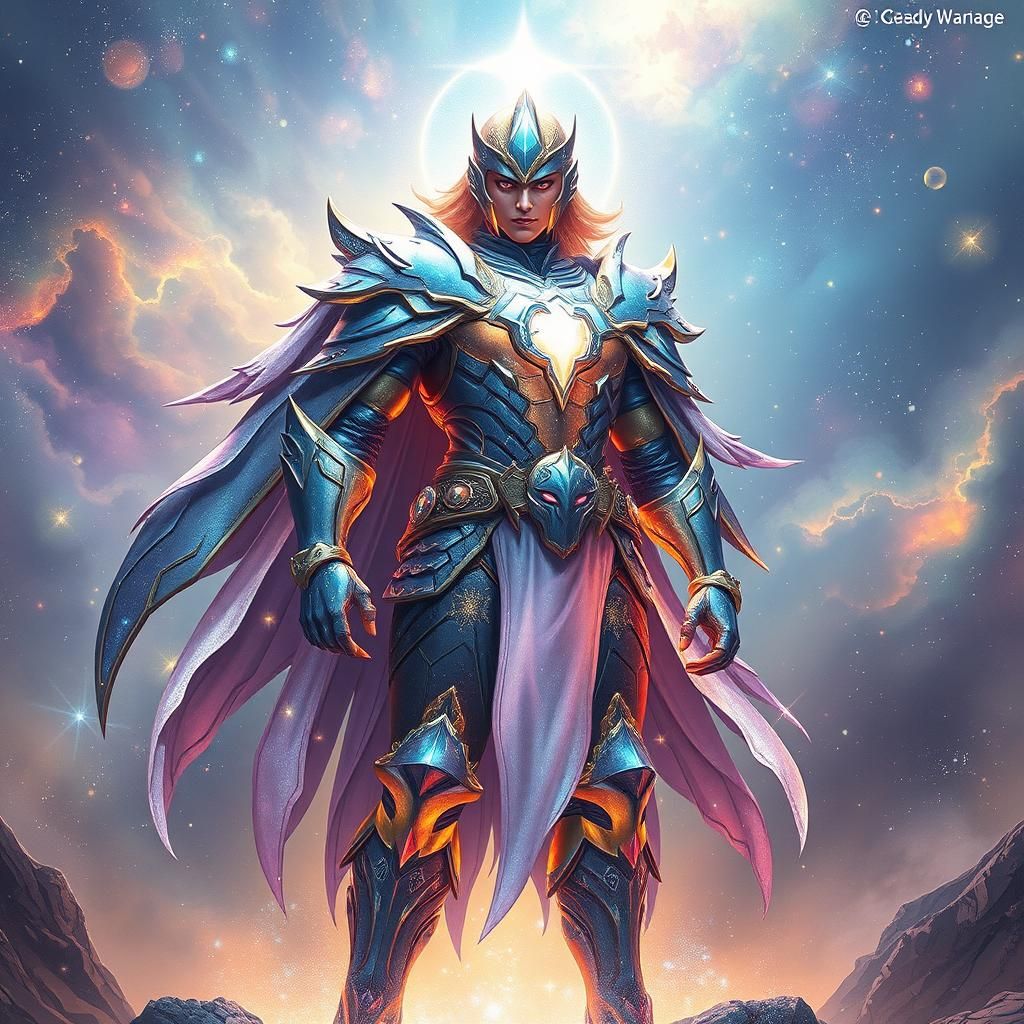 Celestial Warrior in Stardust Armor Against Cosmic Nebulae