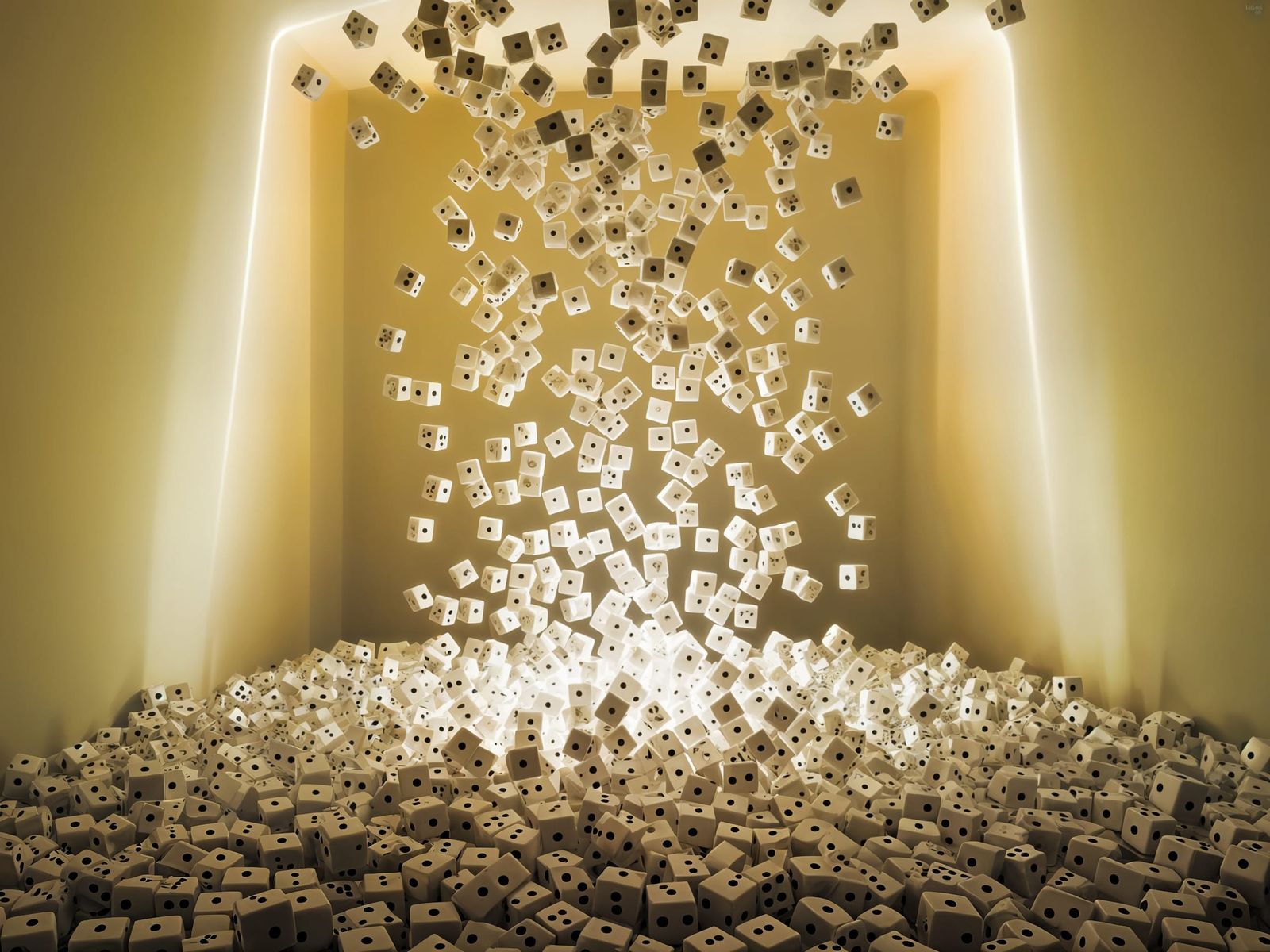 Surreal Black Room Transformed by Falling Dice in Radiant Li...