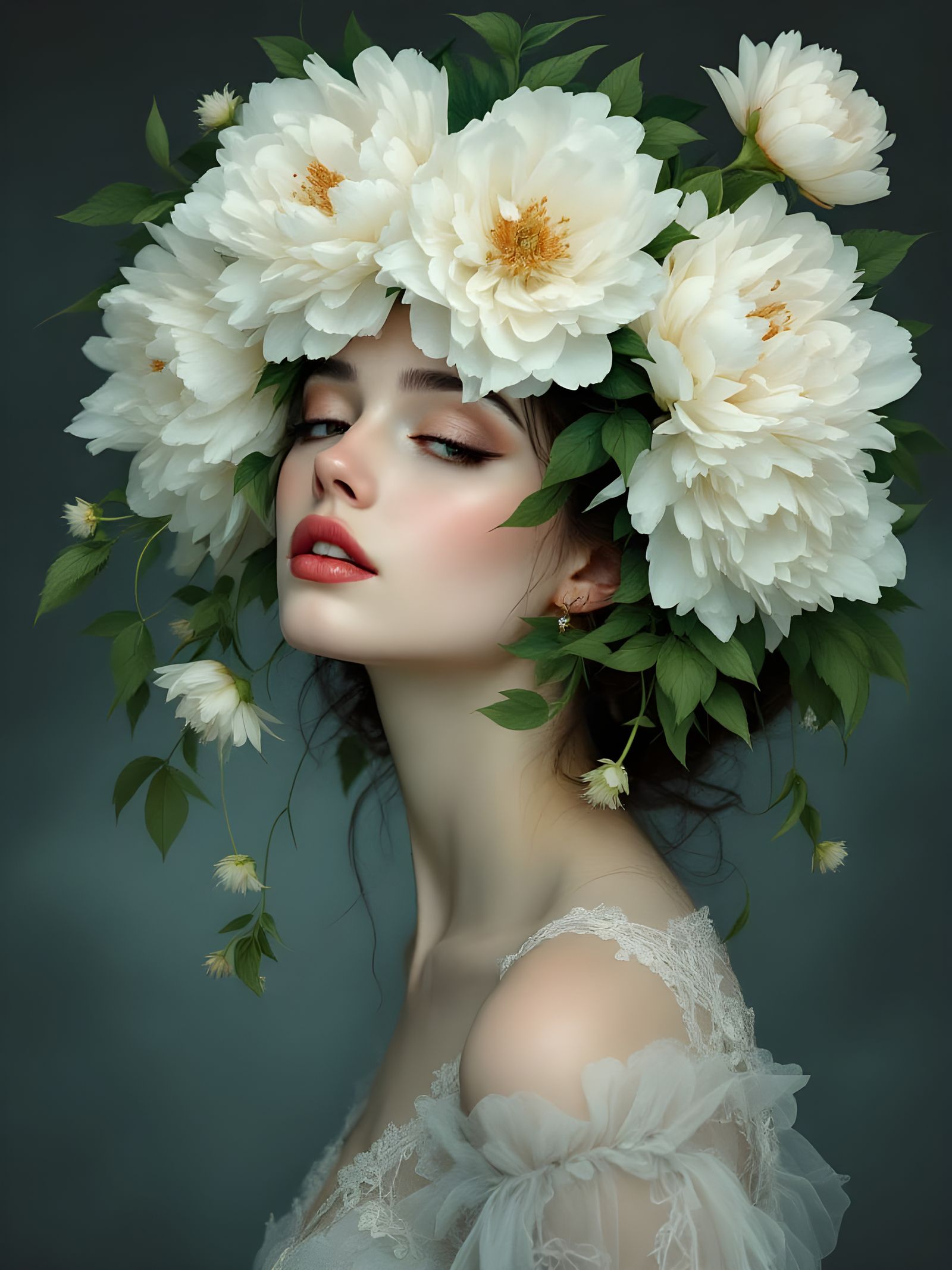 Ethereal Woman Poses Amidst Dark Bloom