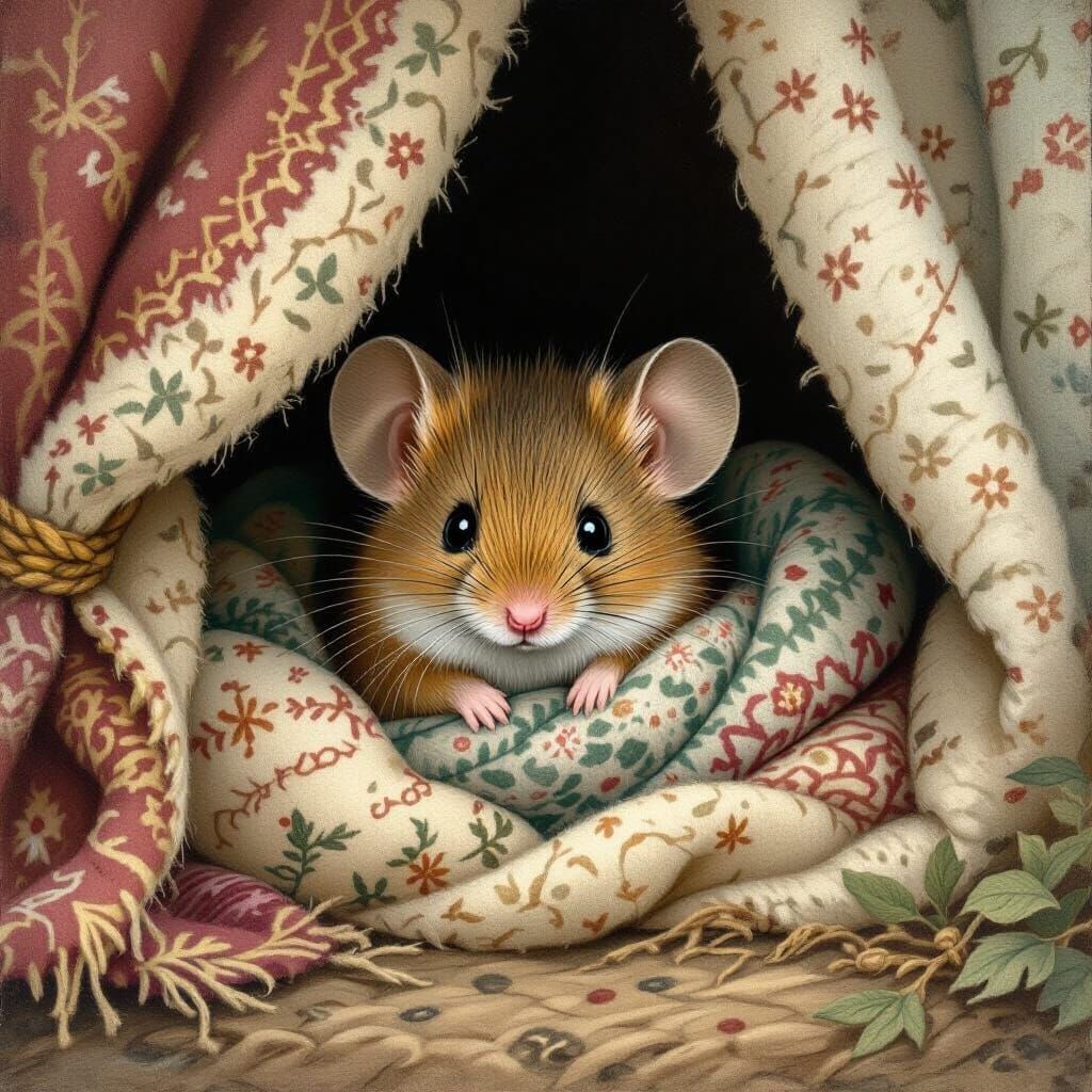 Tiny Mouse Hiding in Cozy Fabrics