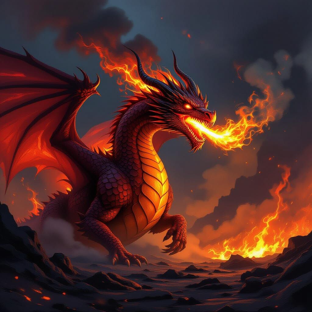 Majestic Fire Dragon in Volcanic Landscape