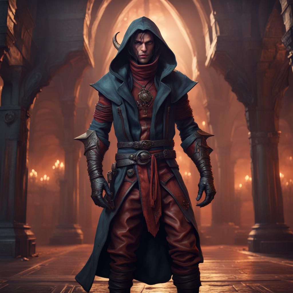 Hooded Tiefling Rogue: Fantasy Art in 8K
