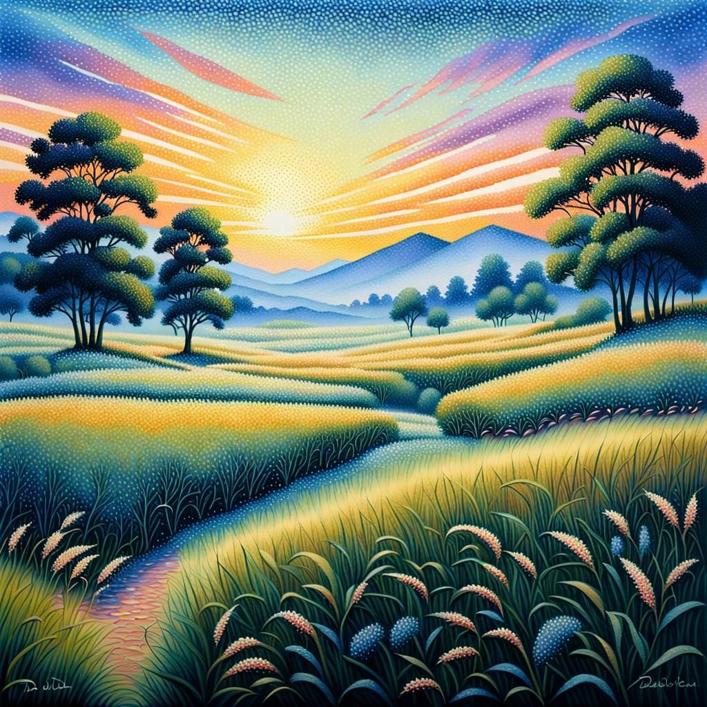 Dreamlike Meadow at Dusk in Pointillism Style