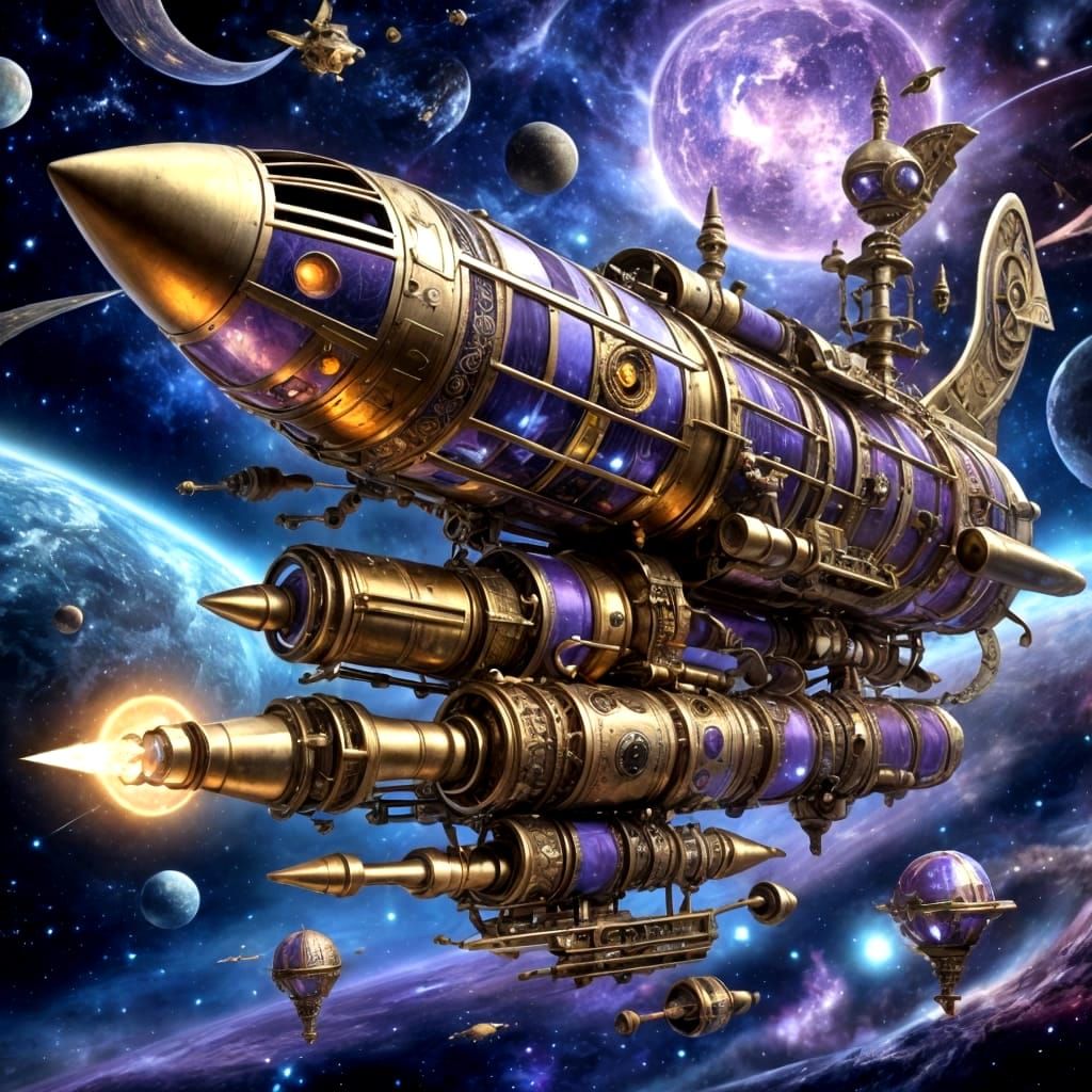 Steampunk Rocket Soars Past Purple Ringed Planet