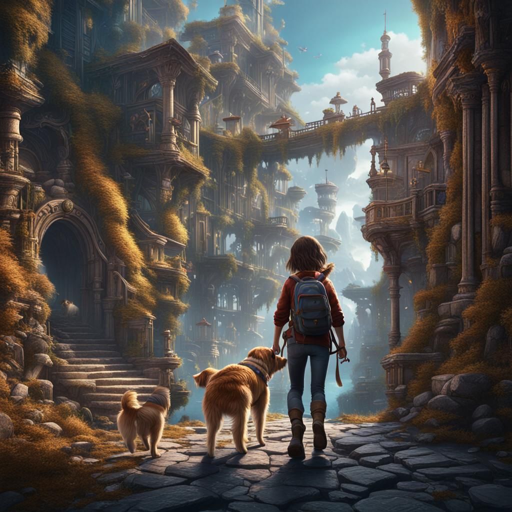 Girl and Dog Exploring Fantasy World