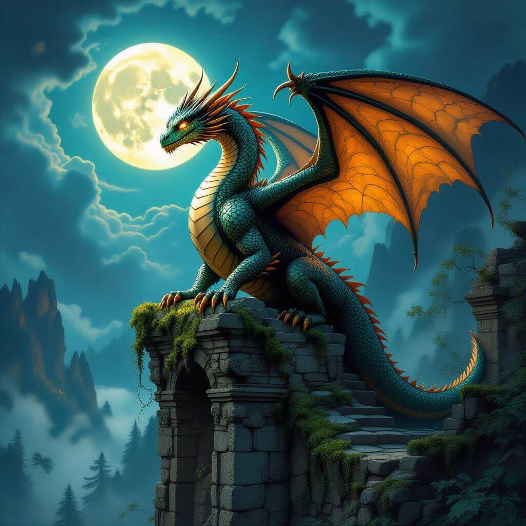 Ancient Dragon on Ruin in Moonlit Forest