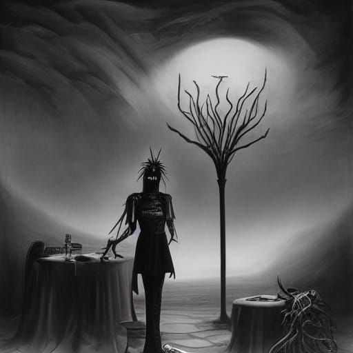 Goth Goddess Model in Surreal Coffee Shop