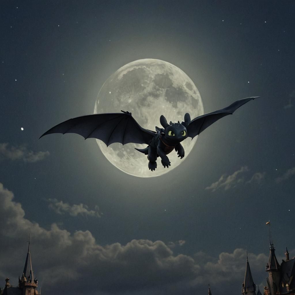 Toothless Soaring Before the Moon: Anime Style