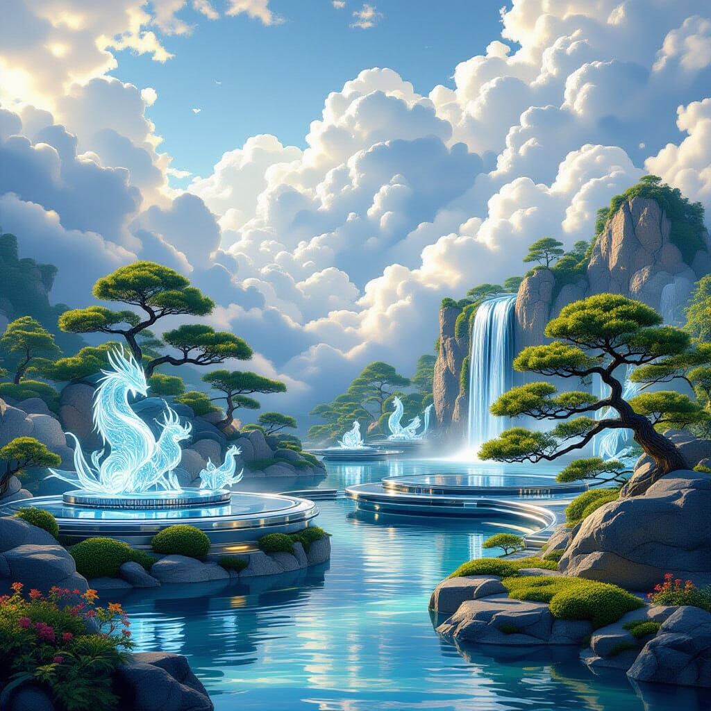 Futuristic Thai Garden in Clouds: Utopian Digital Art