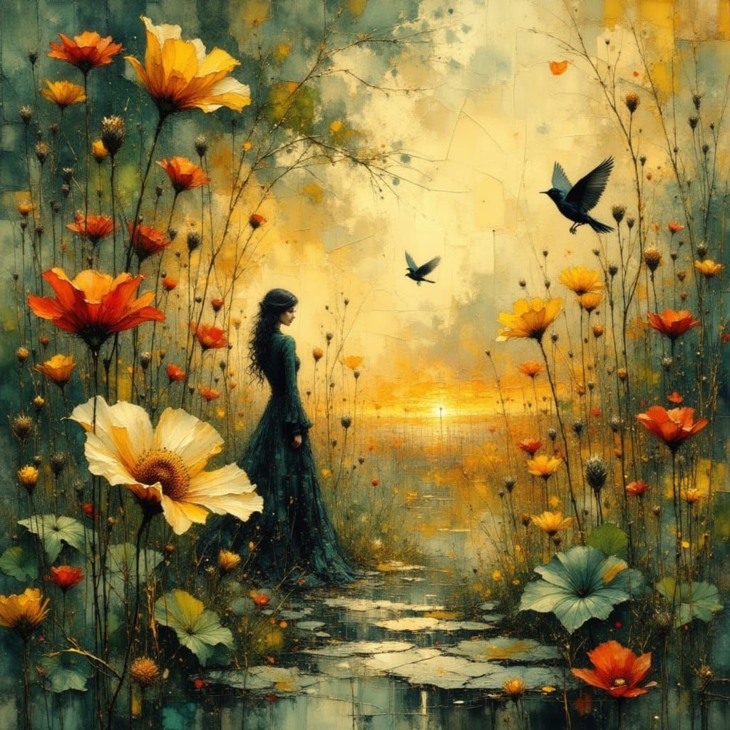 Grunge Art with Ink Lines in Oil and Watercolour