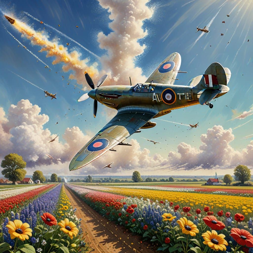 Spitfire in WWII Flower Fields, Pointillism Style