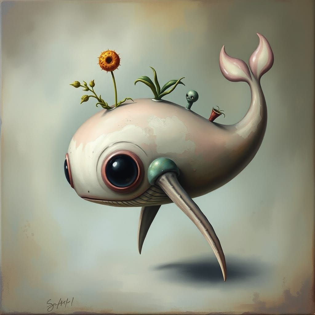 Surreal Mystic Whale in Whimsical Alien Landscape