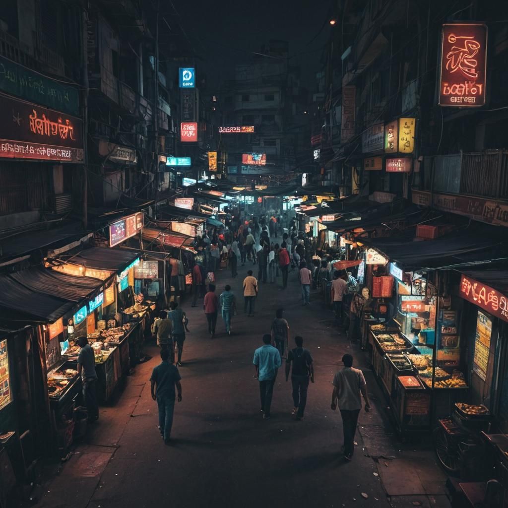 Vibrant Indian Cityscape at Night in Hyperrealism