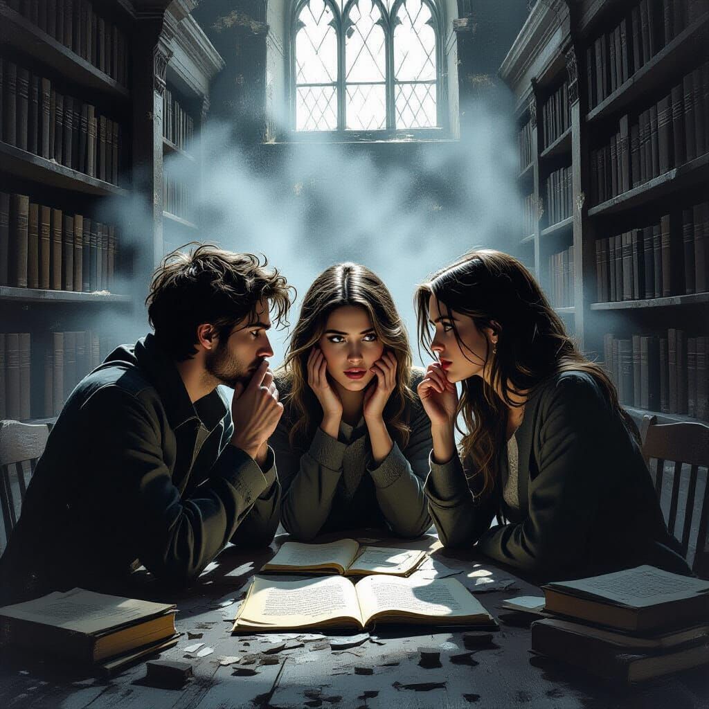 Nervous Friends Whispering in Abandoned Library