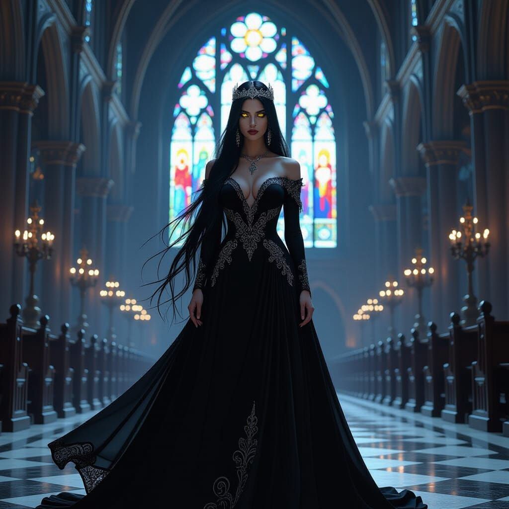 Gothic Woman in Cathedral with Ethereal Glow