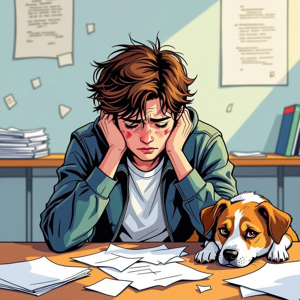 Distraught Student with Dog in Comic Book Style