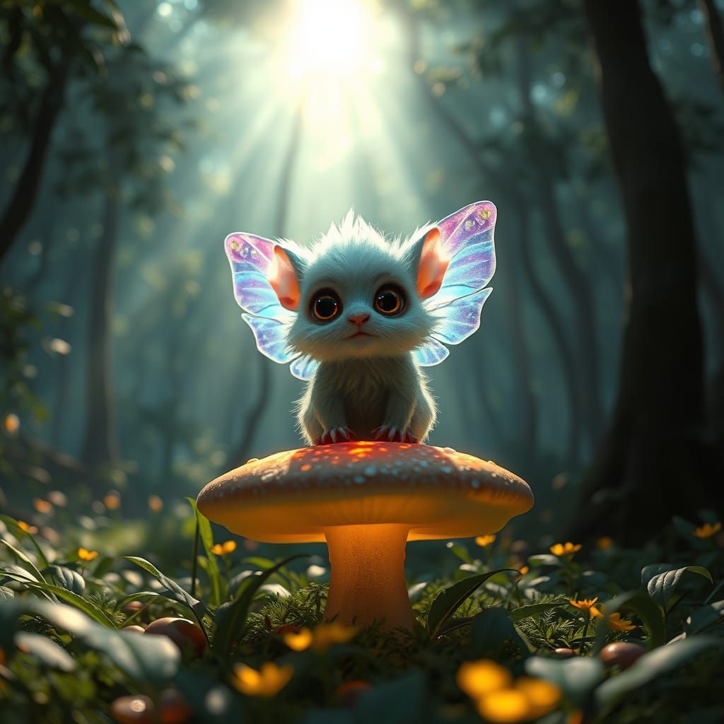 Fluffy Creature on Glowing Mushroom in Bioluminescent Forest