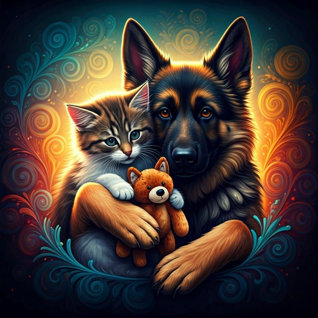 Kitten and Shepherd Cuddle Identical Plush Toys