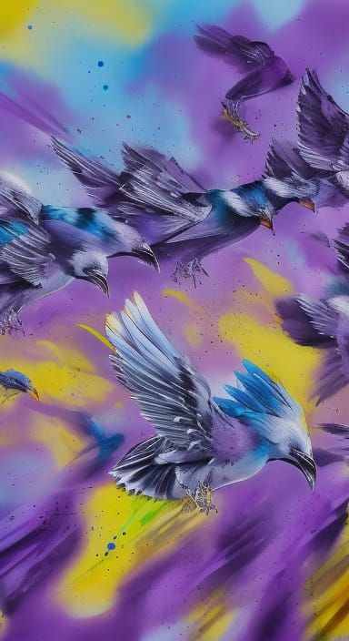 Birds Descending Over New York in Graffiti Watercolor