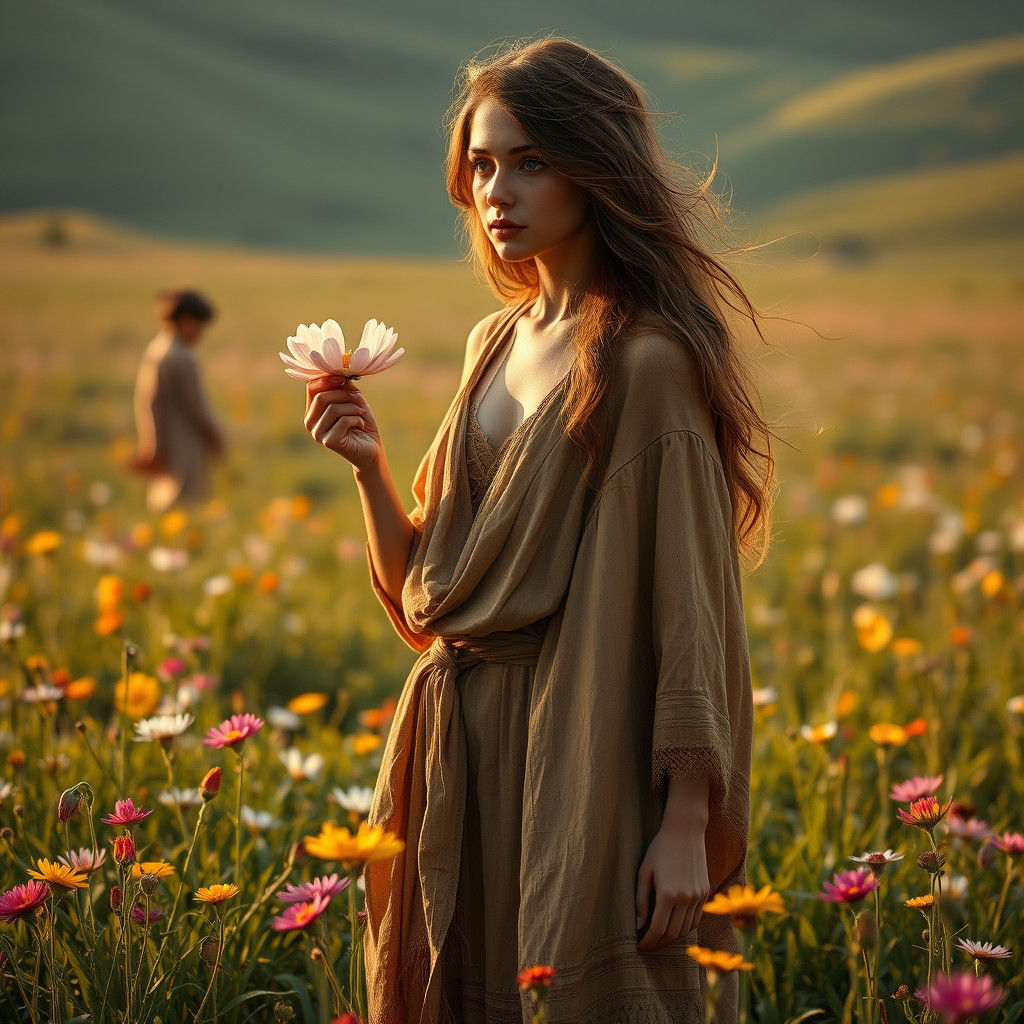 Ethereal Woman in Meadow, Surreal Matte Painting