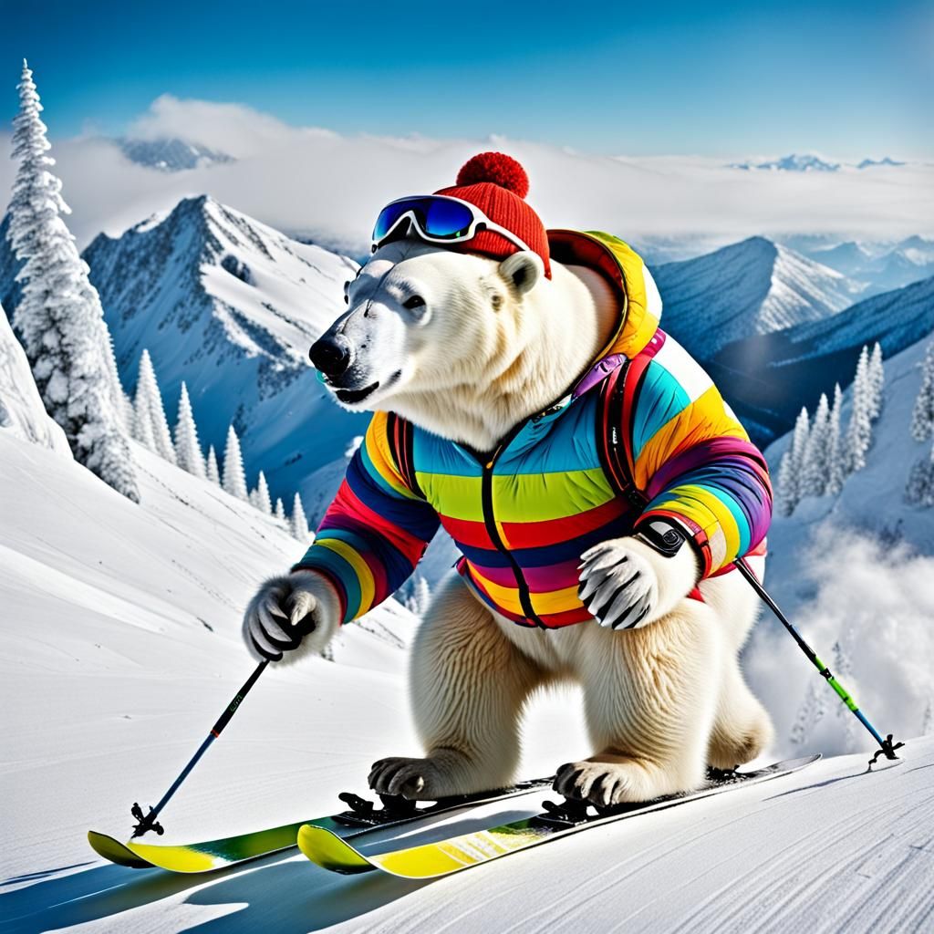 Polar Bear Skiing Down a Snowy Mountain