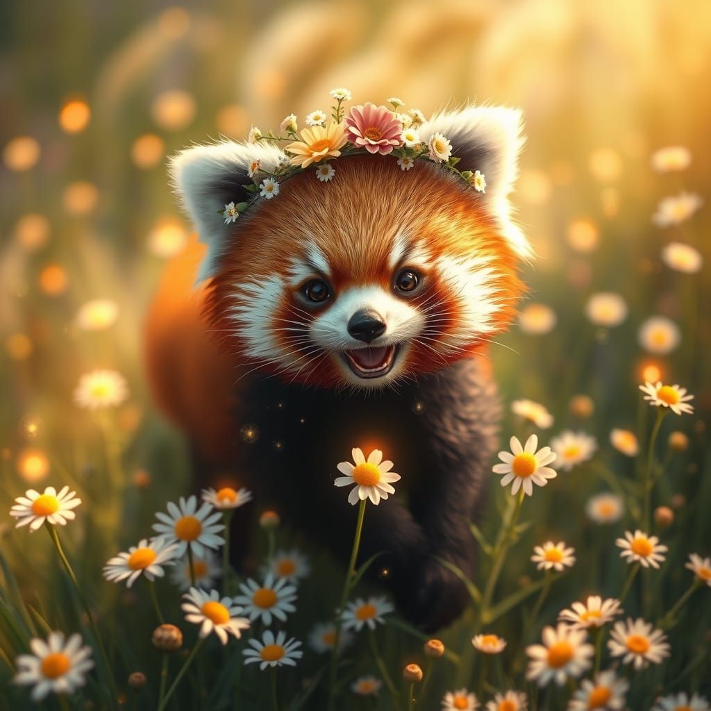 Whimsical Red Panda in Dreamlike Meadow