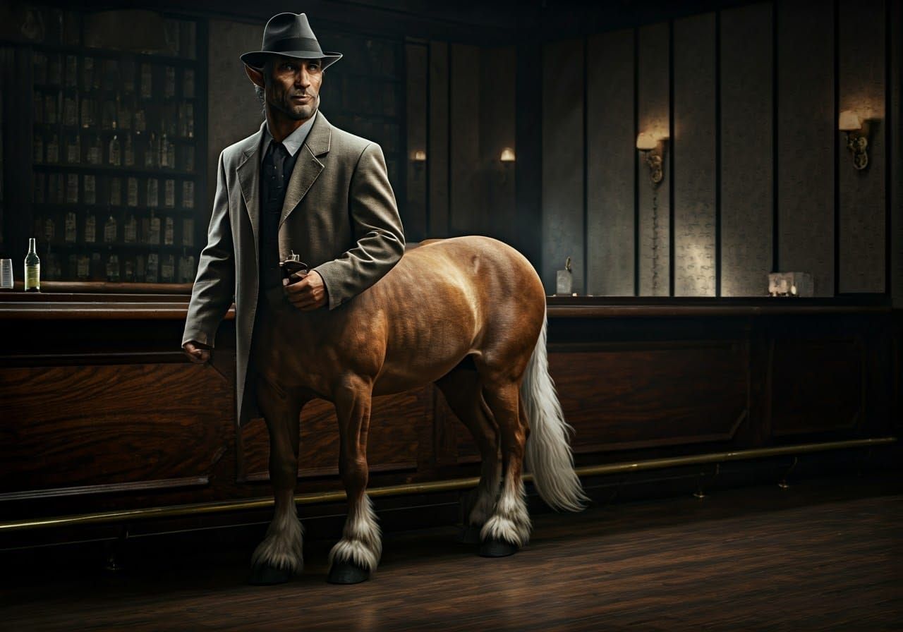 Centaur Detective in Noir Bar: 1940s Film Aesthetic