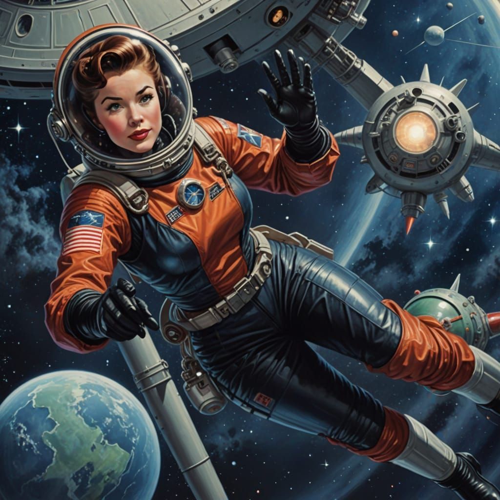 Retro-SciFi Pinup Woman in Spacesuit Oil Portrait