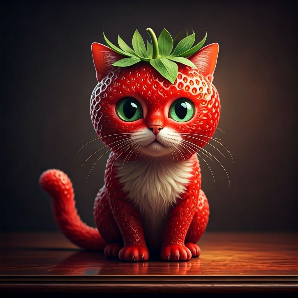 Whimsical Strawberry Cat Hybrid in Ornate Setting