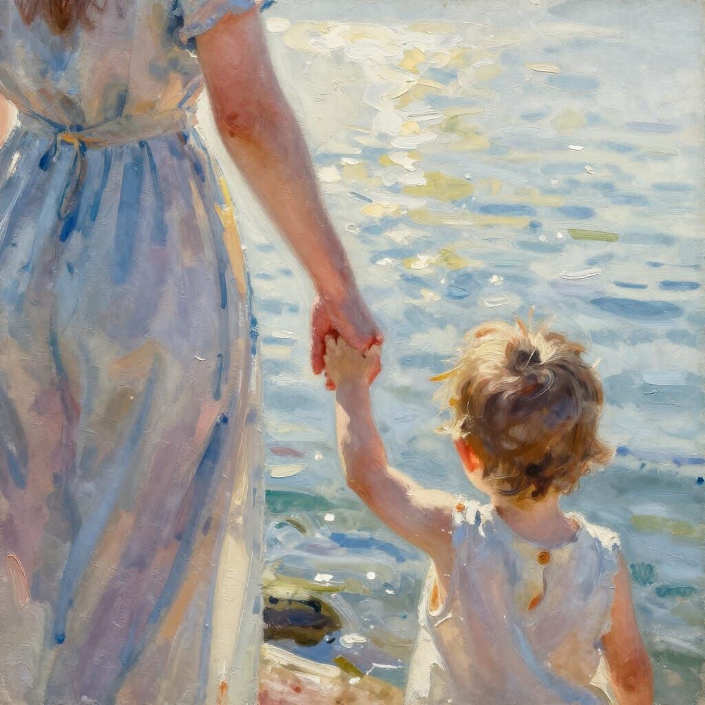 Mother and Child in Morning Sunlight, Watercolor