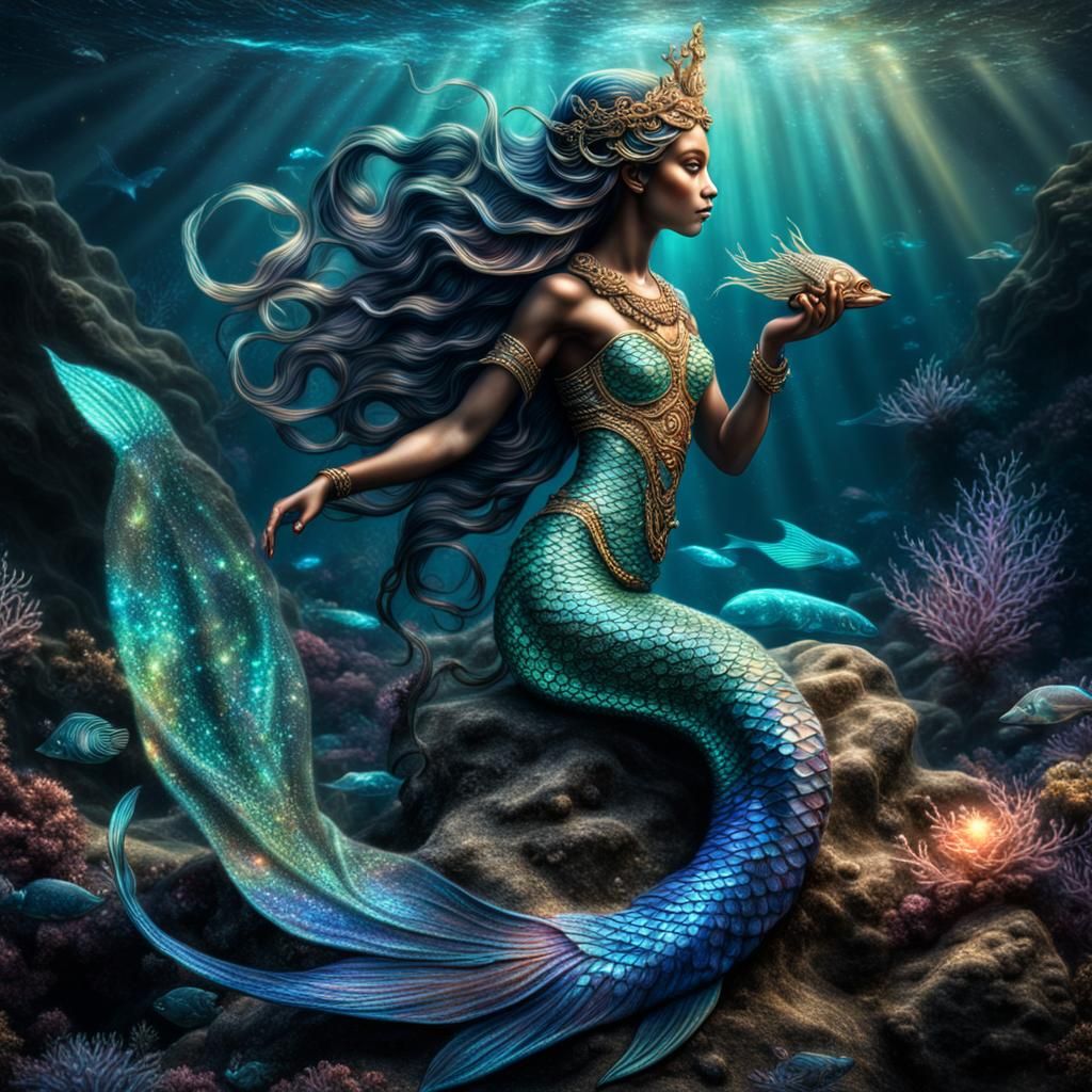 Iridescent Mermaid Goddess in Hyperrealistic Style