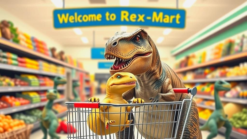 T-Rex Grocery Shopping at Rex-Mart: Dinosaur Art