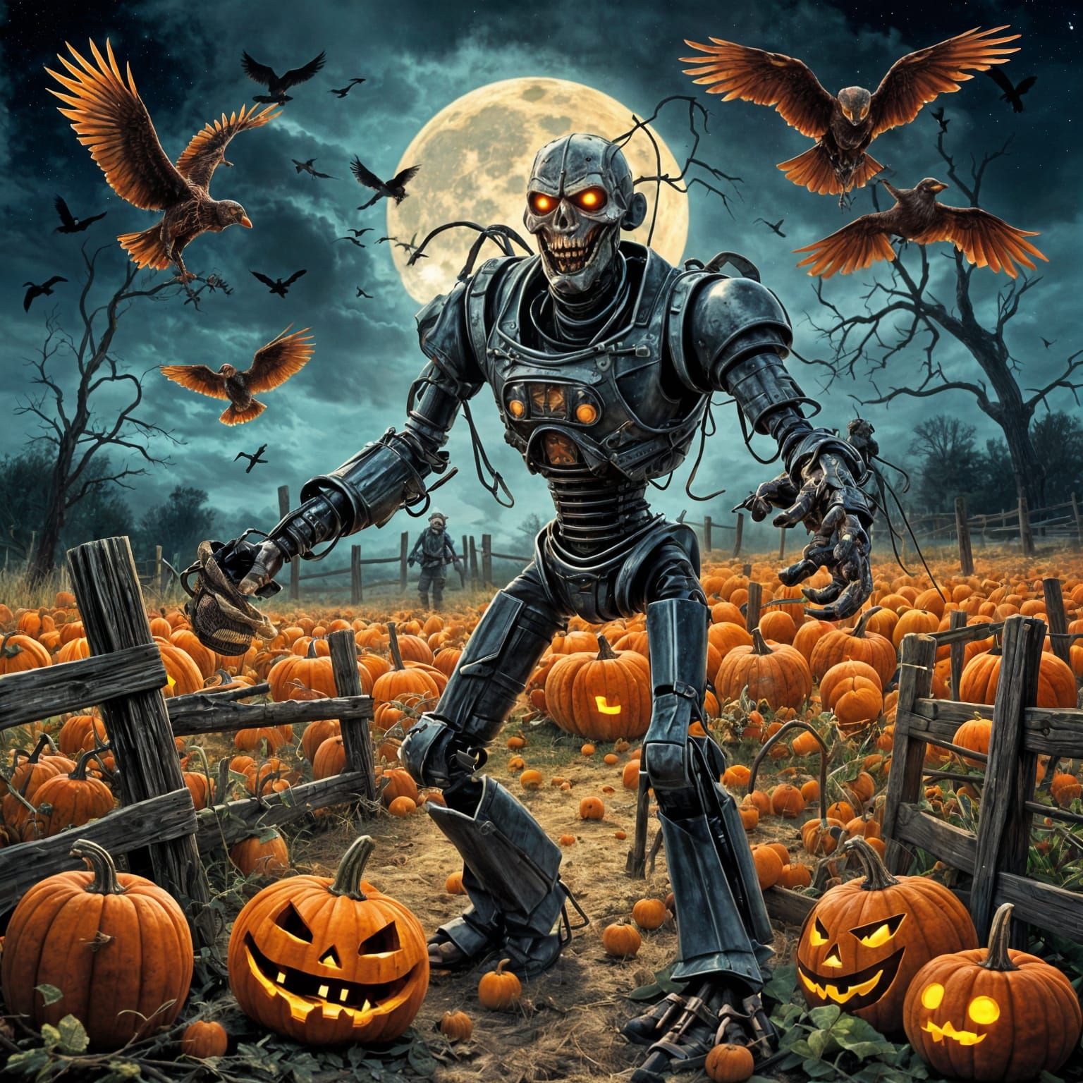 Scarecrow Awakening in Moonlit Pumpkin Patch