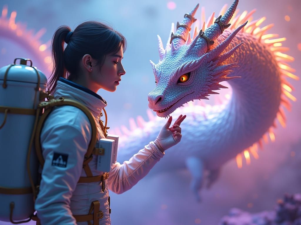 Astronaut and Space Dragon in Dreamy Sci-Fi Art