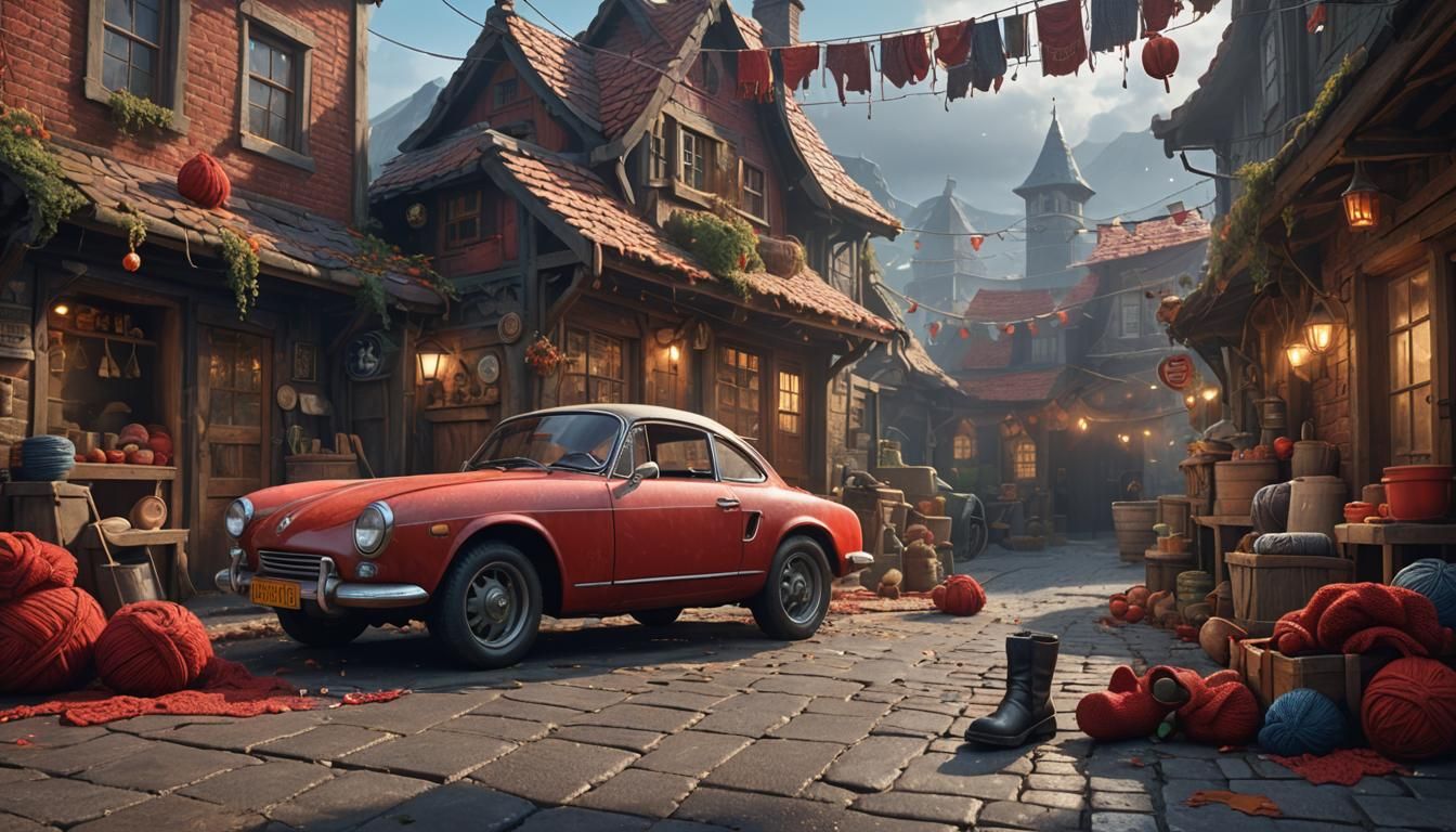 Red Car in Garage with Knitted Accessories